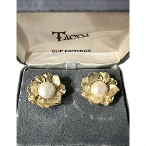 Vintage Tacoa Flower Clip On Earrings Gold Tone Faux Pearl In Original Box NOS